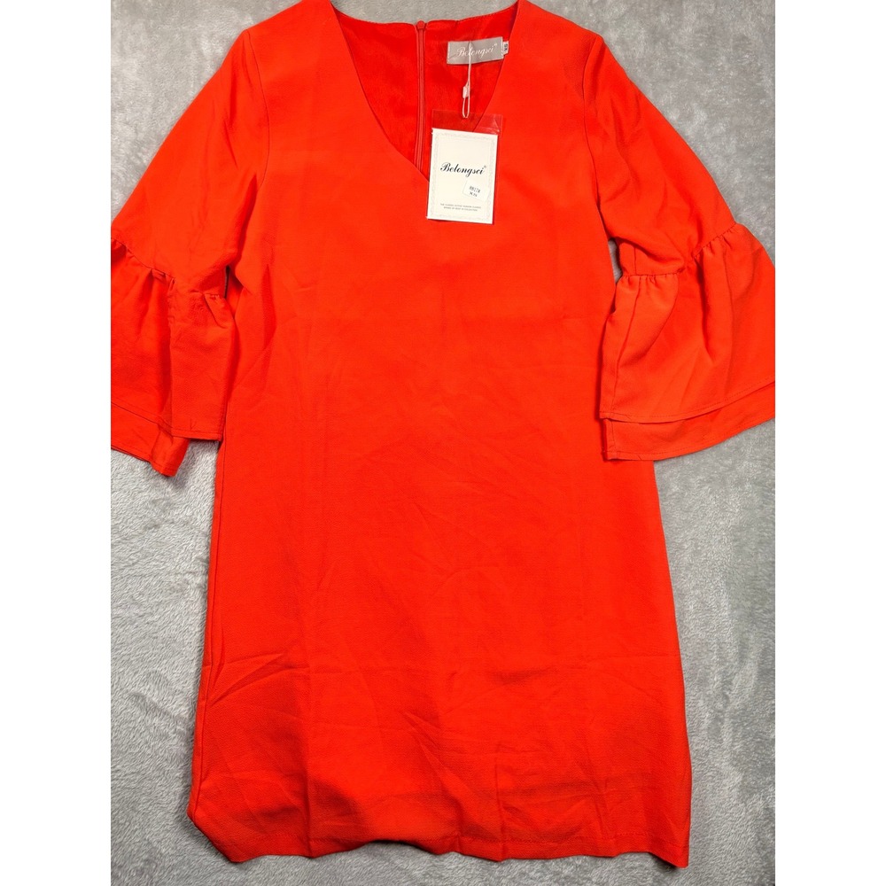 Belongsci Women's XS Orange Bell Sleeve V-Neck Shift Dress NWT